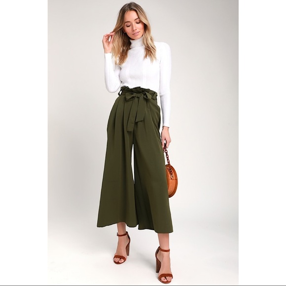 H&M Pants - H&M Women's Cropped Wide Leg Tie Waist Green Pants